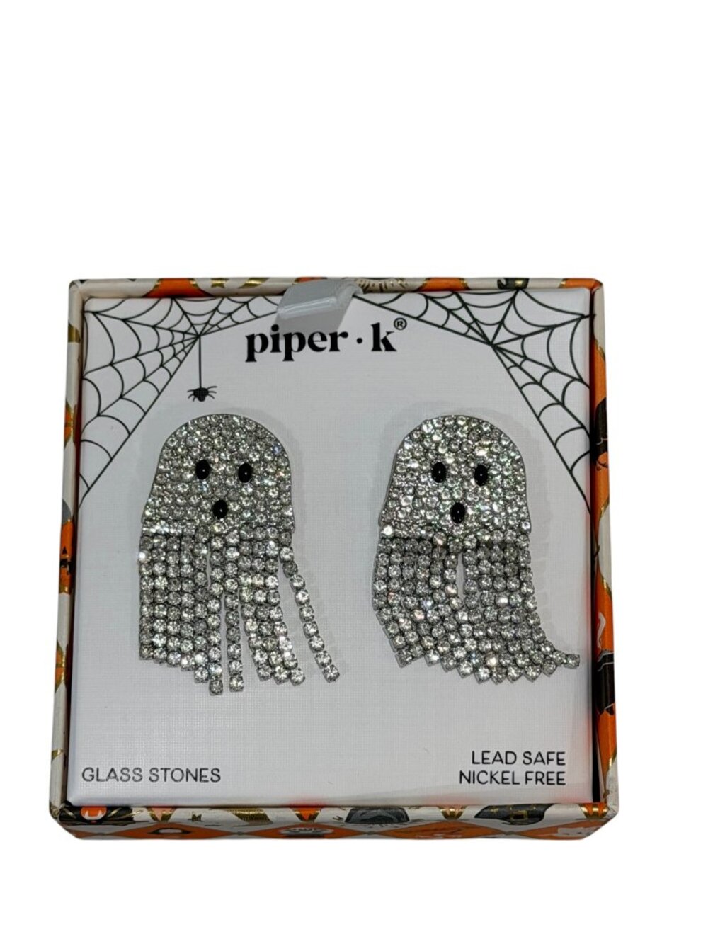 Piper K Silver Tone & Clear Glass Crystal Fringe Ghost Halloween Drop Earrings
